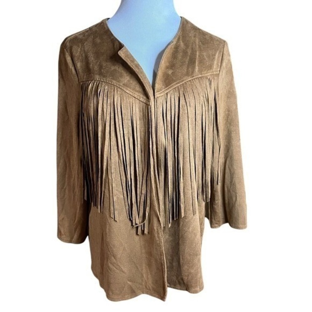 JOH Womens Camel Brown Faux Suede‎ Fringe Western Open Front Jacket Small